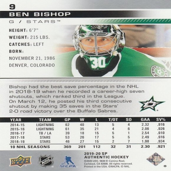 Ben Bishop - 2019/2020 Upper Deck SP Authentic Hockey Card - Picture 2 of 2